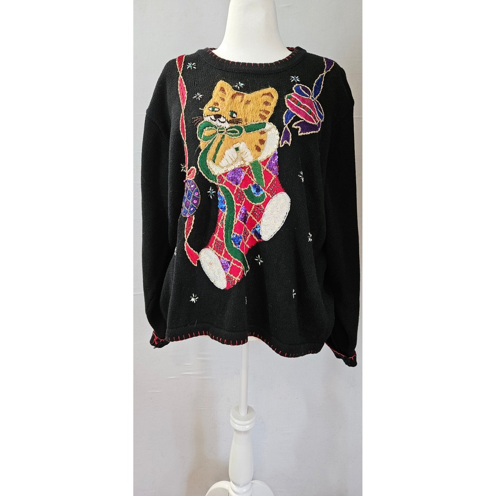 B.P. Design Vintage Christmas Sweater Womens XXL Black Cat Holiday Stocking Knit
